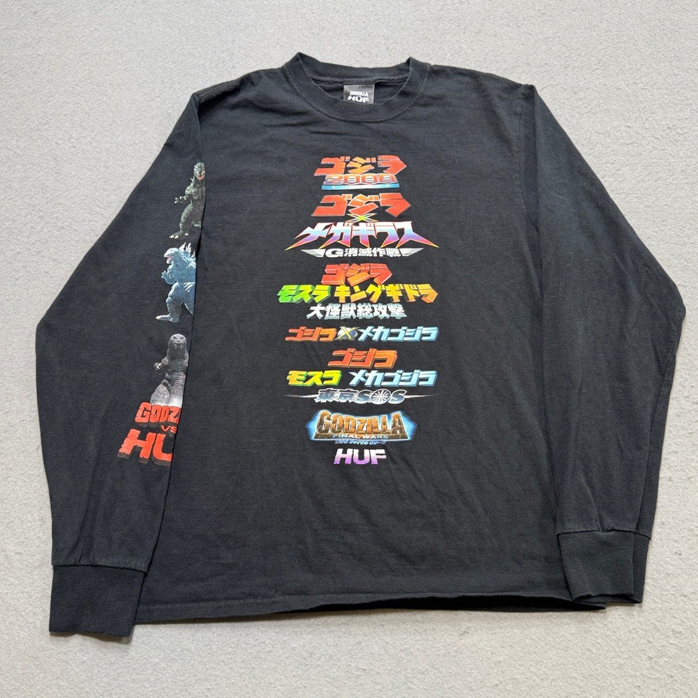 HUF vs Godzilla Shirt Men's Medium Black Long Sleeve Japanese Anime Streetwear